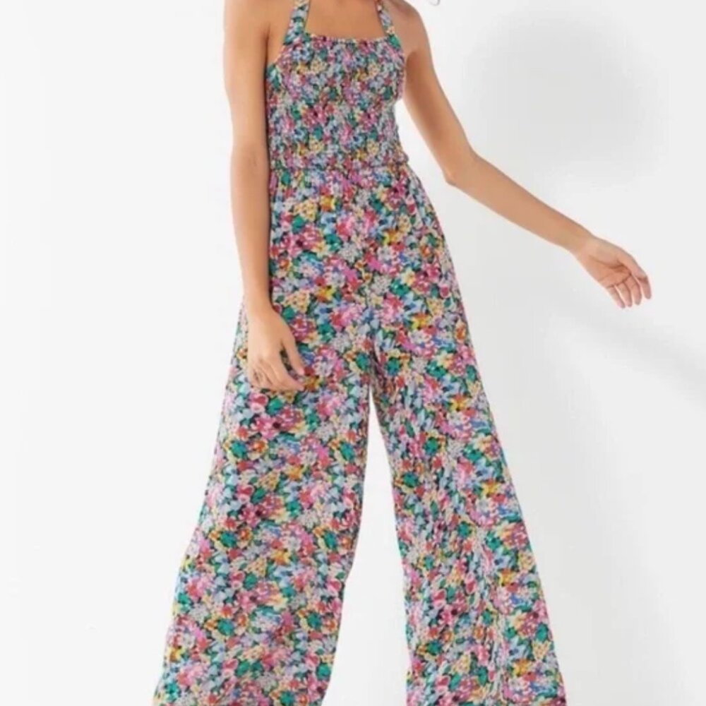 Urban Outfitters Halter Smocked Floral Jumpsuit - Size Medium M